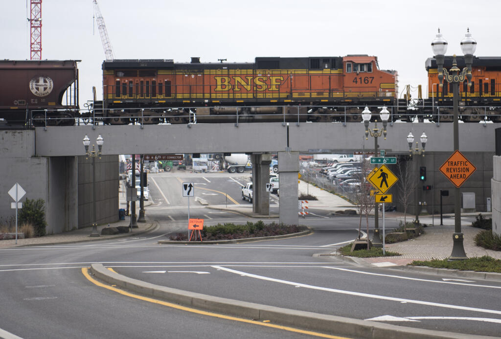 The overpass on West 6th Street and Grant Street is pictured on Thursday, Feb. 8, 2018.  Grant Street will be closed for sewer pipe replacement through April.