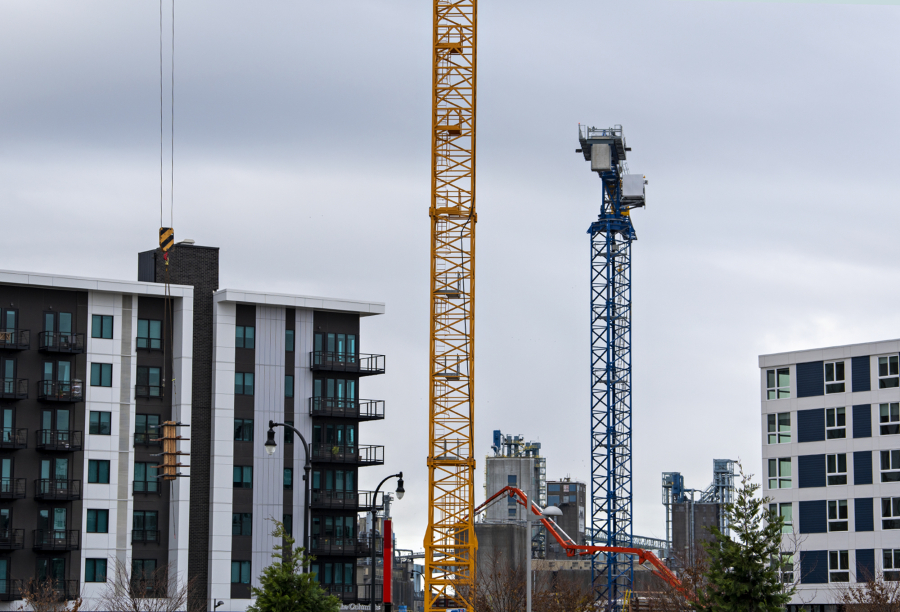 Construction cranes are a common sight at the Waterfront Vancouver and the Port of Vancouver's neighboring Terminal 1 project this winter, with more to come as remaining blocks are sold and developed.