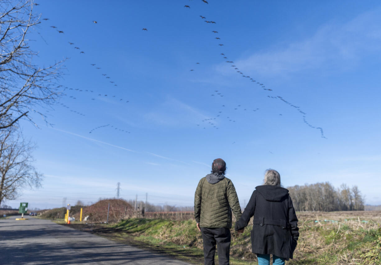 Hector Hinojosa, left, and his wife, Jodell Hinojosa, watch a flock of geese fly over La Frambois Road on Wednesday near the site of a proposed megawarehouse in the Fruit Valley neighborhood. He is among those who are outspoken against the development, arguing that it will only lead to an increase in air pollution and disruption of natural habitats and farmland.