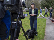 Rep. Marie Gluesenkamp Perez, D-Skamania, answers questions from the media with her German shepherd, Uma Furman, at the grand opening of her district office on Officers Row in Vancouver. Perez emphasized Thursday that her staff is always available for questions about VA benefits, small-business aid and other federal programs.