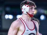 Camas’ Jackson Lougen, 170 pounds, readies himself for his first-round match at Mat Classic XXXIV on Friday, February 17, 2023, at the Tacoma Dome.