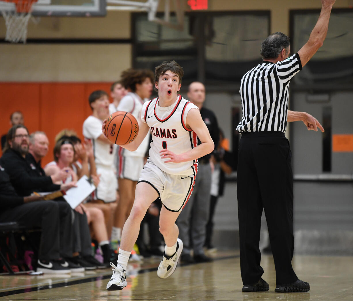 Camas sophomore Beckett Currie reacts after a call Friday, Feb. 24, 2023, during the Papermakers’ 64-53 win against West Valley - Yakima at Battle Ground High School.