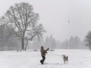 A man throws a tennis ball for his dog Wednesday at the Fort Vancouver National Historic Site Parade Grounds. The National Weather Service issued a wind chill advisory until noon Thursday. Forecasters say wind gusts of 25 to 30 mph could drive the wind chill into single digits Thursday morning.