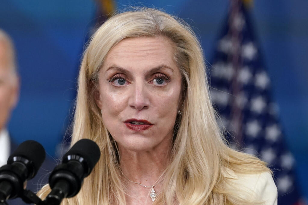 FILE - Lael Brainard, President Joe Biden's nominee to be Vice Chair of the Federal Reserve, speaks during an event in the South Court Auditorium on the White House complex in Washington on Nov. 22, 2021. Brainard highlighted signs that inflation is cooling on Thursday, Jan. 19, 2023, and said last month's smaller interest rate hike will help the Fed adjust its policy as higher borrowing costs begin to restrict growth.