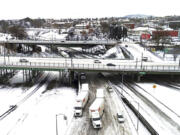 The area where Interstate 5 and I-84 meet up is covered in snow on Thrusday, Feb. 23,2023 in Portland, Ore. Portland received nearly a foot of snow Wednesday.