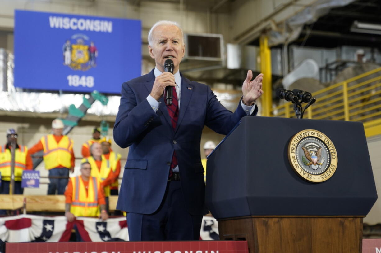 President Joe Biden speaks about his economic agenda at LIUNA Training Center, Wednesday, Feb. 8, 2023, in DeForest, Wis.