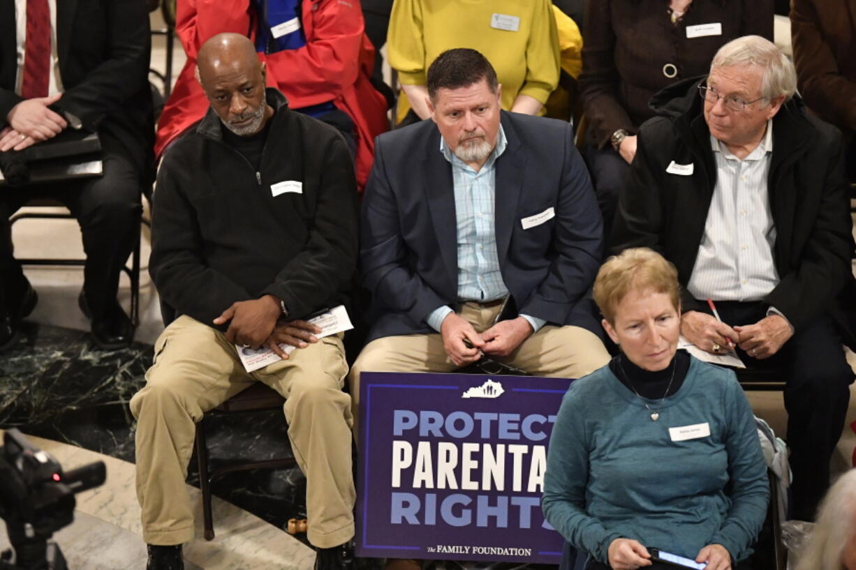 Members of the Faith and Family advocacy group, listen to speakers during a rally in the rotunda of the Kentucky State Capitol in Frankfort, Ky., Thursday, Feb. 16, 2023. The Kentucky Supreme Court on Thursday refused to allow abortions to resume in the state, rejecting a request to halt a near total ban of the procedure. (AP Photo/Timothy D.