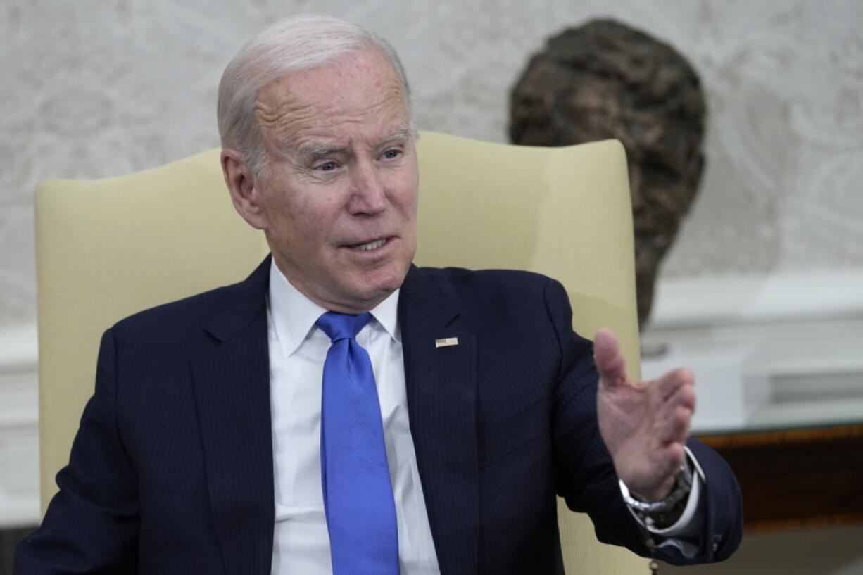 President Joe Biden meets with members of the Congressional Black Caucus in the Oval Office of the White House in Washington, Thursday, Feb. 2, 2023. Biden hasn't announced a reelection campaign, but some of the themes of his likely bid should be on display when he addresses a national Democratic Party meeting.