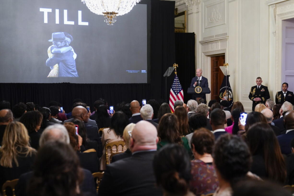 President Joe Biden speaks before the screening of the movie "Till" in the East Room of the White House in Washington, Thursday, Feb. 16, 2023. The movie, "Till," is the story of Mamie Till-Mobley who pursued justice after the lynching of her 14-year-old son, Emmett Till, in 1955.