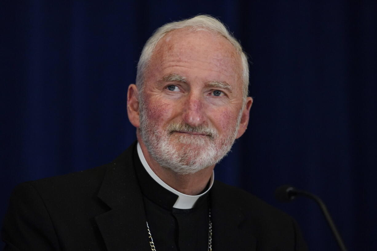 FILE - Bishop David O'Connell, of the Archdiocese of Los Angeles, attends a news conference at the Fall General Assembly meeting of the United States Conference of Catholic Bishops, on Nov. 17, 2021, in Baltimore.  O'Connell was found dead in Hacienda Heights, Calif., on Saturday, Feb. 18, 2023, of a gunshot wound, according to the Los Angeles Times.