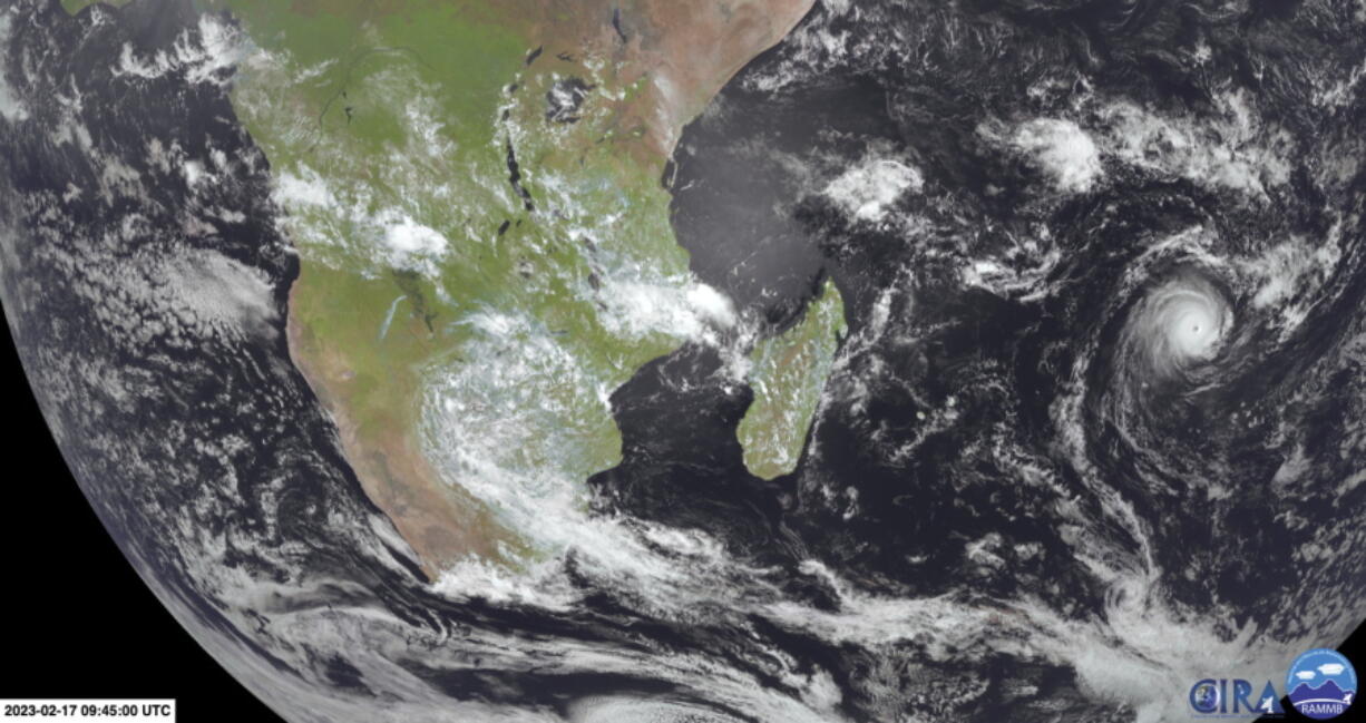 This image from Meteosat-9 satellite shows Cyclone Freddy, right, in the Indian Ocean near Madagascar, Friday, Feb. 17, 2023. Two weeks after Tropical Cyclone Cheneso devastated Madagascar, the Indian Ocean island nation and its neighbors are bracing for a more powerful Cyclone Freddy.