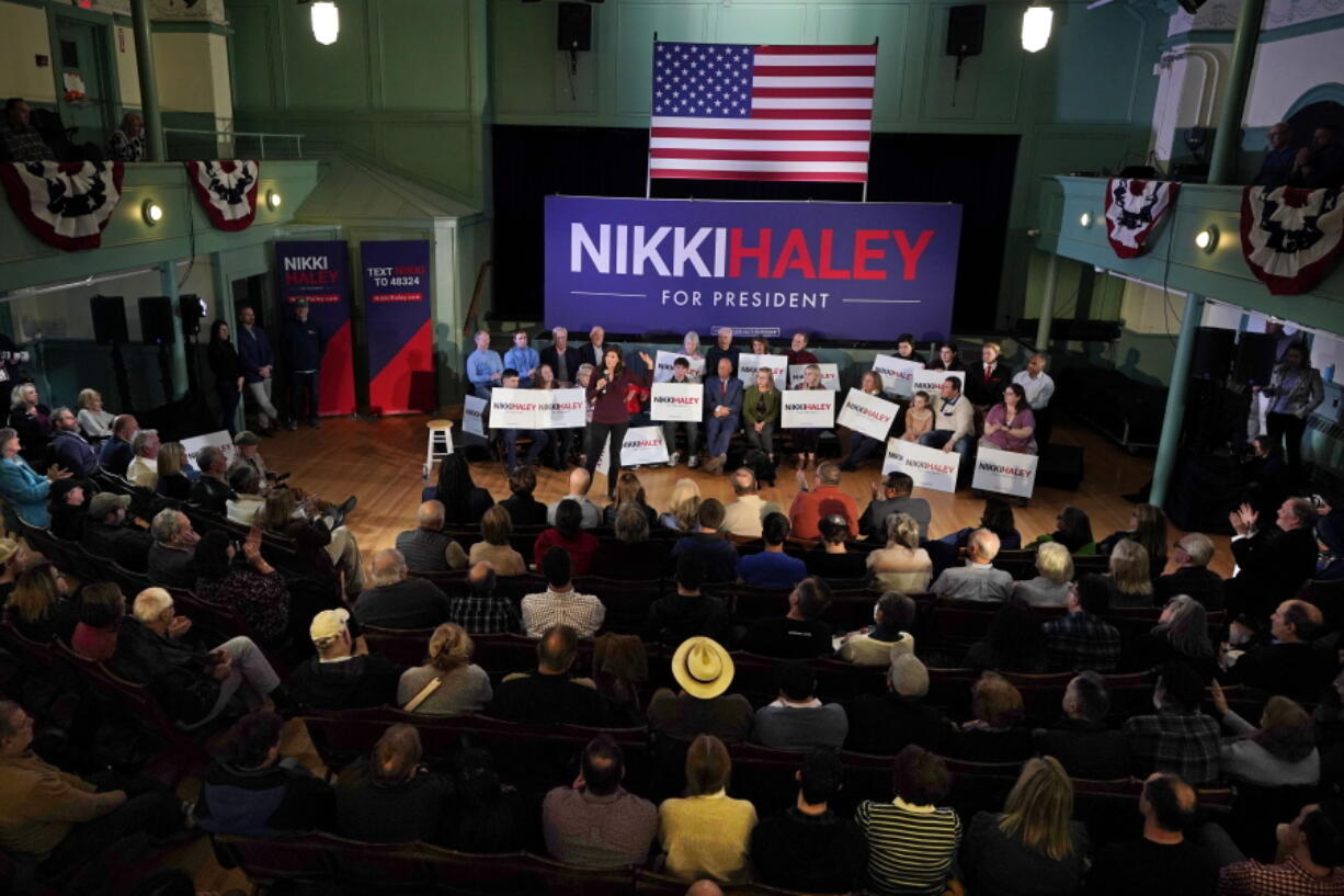 Republican presidential candidate Nikki Haley speaks at a town hall campaign event, Thursday, Feb. 16, 2023, in Exeter, N.H. (AP Photo/Robert F.