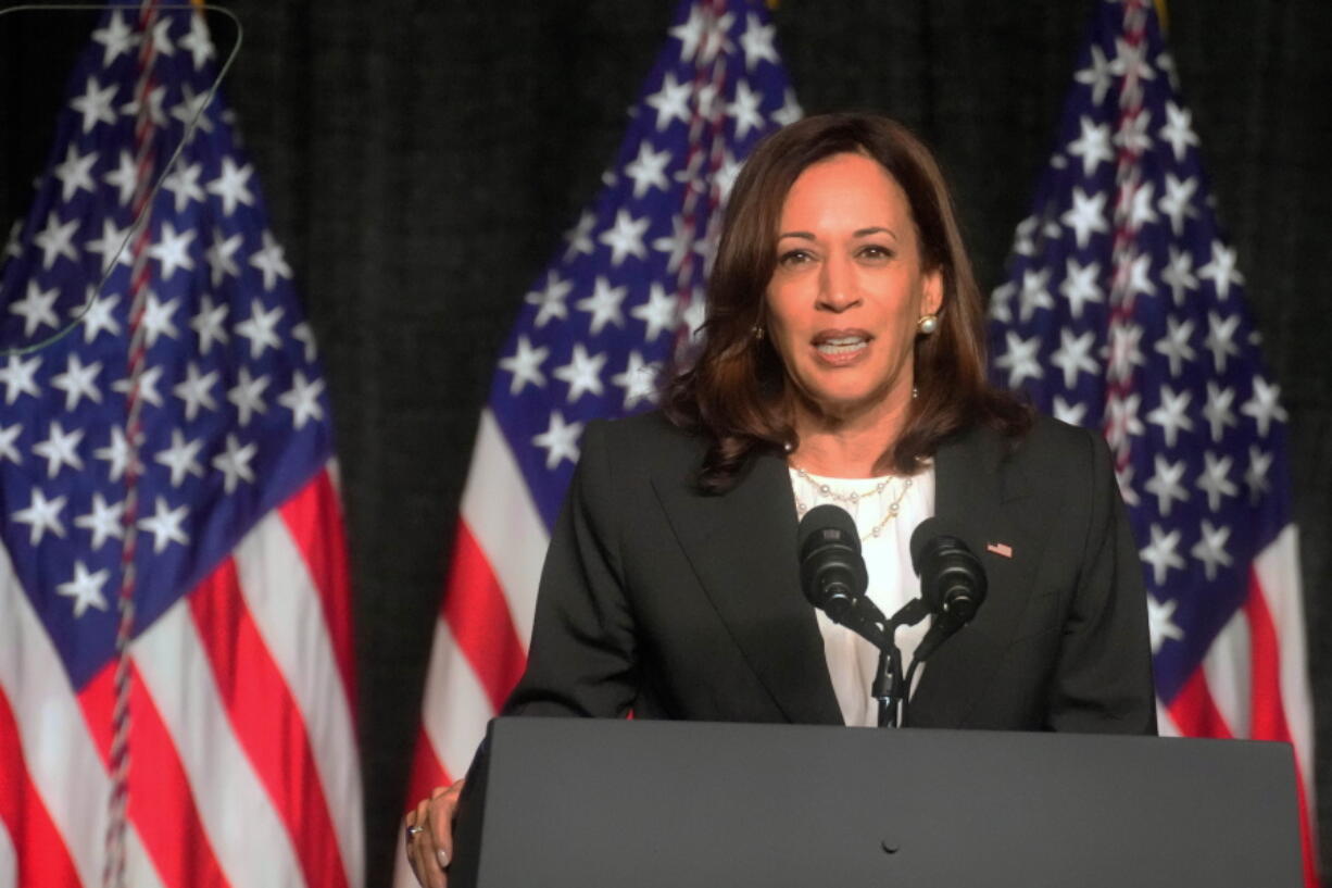 FILE - Vice President Kamala Harris speaks at a dinner for the South Carolina Democratic Party on June 10, 2022, in Columbia, S.C.