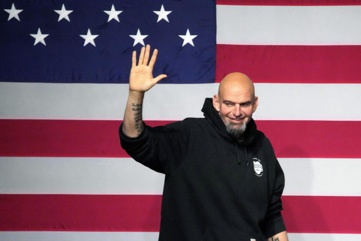 FILE - Pennsylvania Lt. Gov. John Fetterman takes the stage at an election night party in Pittsburgh on Nov. 9, 2022. Fetterman, the Pennsylvania Democrat who suffered a stroke during his campaign last year, was hospitalized Wednesday night, Feb. 8, 2023, after feeling lightheaded while attending a Senate Democratic retreat, his office said. (AP Photo/Gene J.