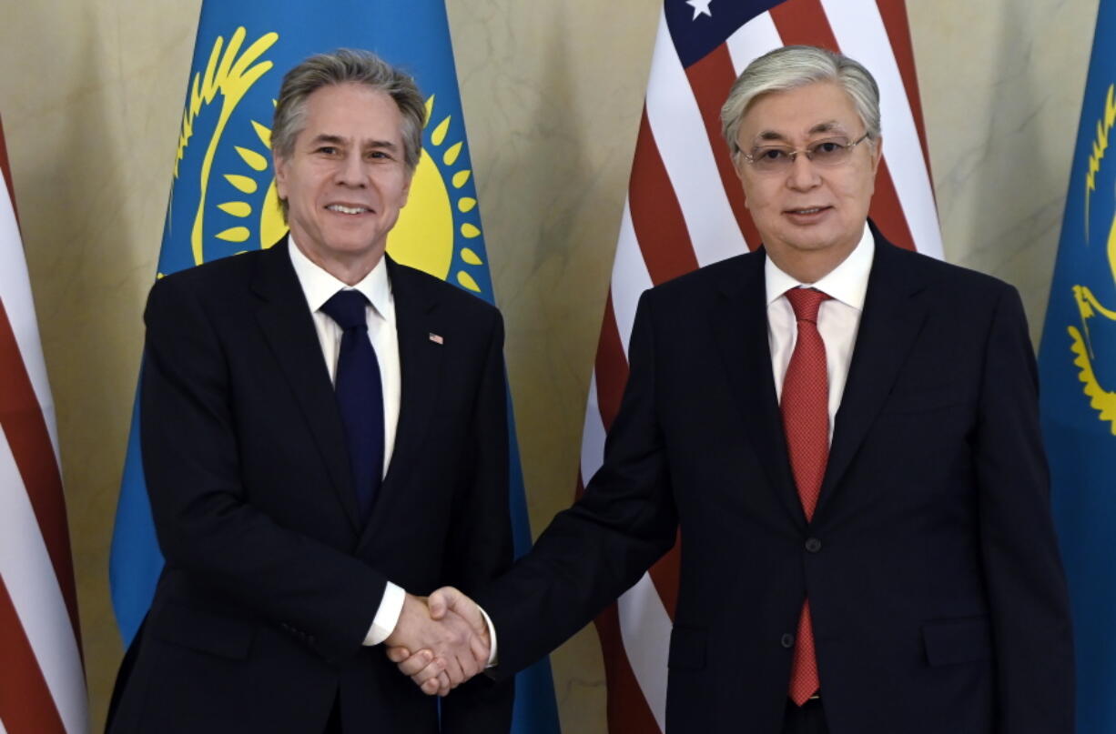 U.S. Secretary of State Antony Blinken, left, meets with Kazakhstan's President Kassym-Jomart Tokayev at Ak Orda Presidential Palace in Astana, Kazakhstan Tuesday, Feb. 28, 2023.