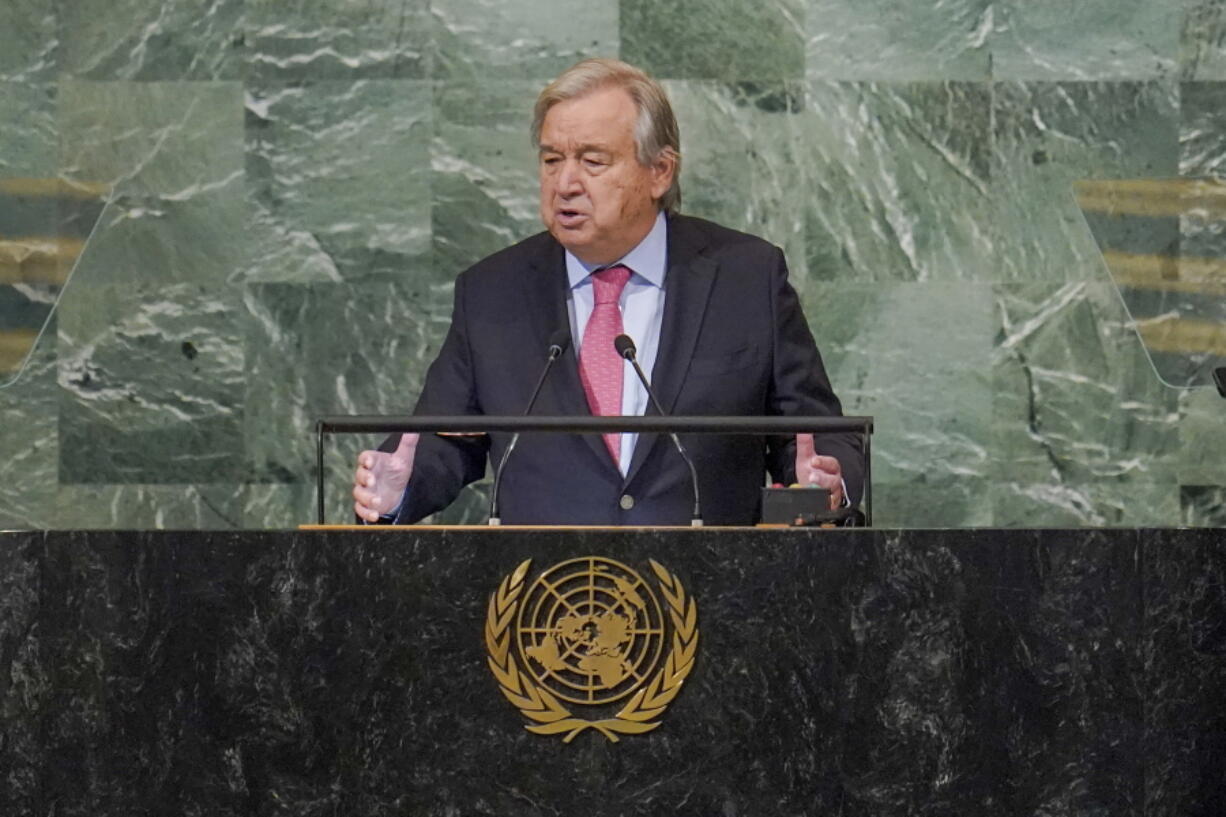 FILE - United Nations Secretary-General Antonio Guterres addresses the 77th session of the General Assembly at U.N. headquarters on Sept. 20, 2022. North Korea on Wednesday, Feb. 22, 2023 accused Guterres of "an extremely unfair and imbalanced attitude," as it lambasted him for condemning its recent major missile test but ignoring alleged U.S. hostility against the North.