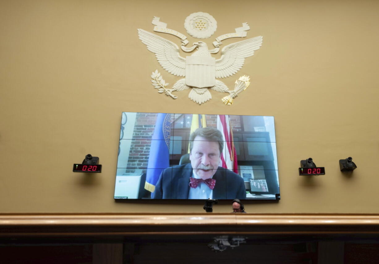 FILE - Food and Drug Administration Commissioner Robert Califf testifies via video during a House Commerce Oversight and Investigations subcommittee hybrid hearing on the nationwide baby formula shortage on Wednesday, May 25, 2022, in Washington. Califf has spent much of his last year on the job warning that growing "distortions and half-truths" surrounding vaccines and other medical products are a major driver of sickness and death in America.