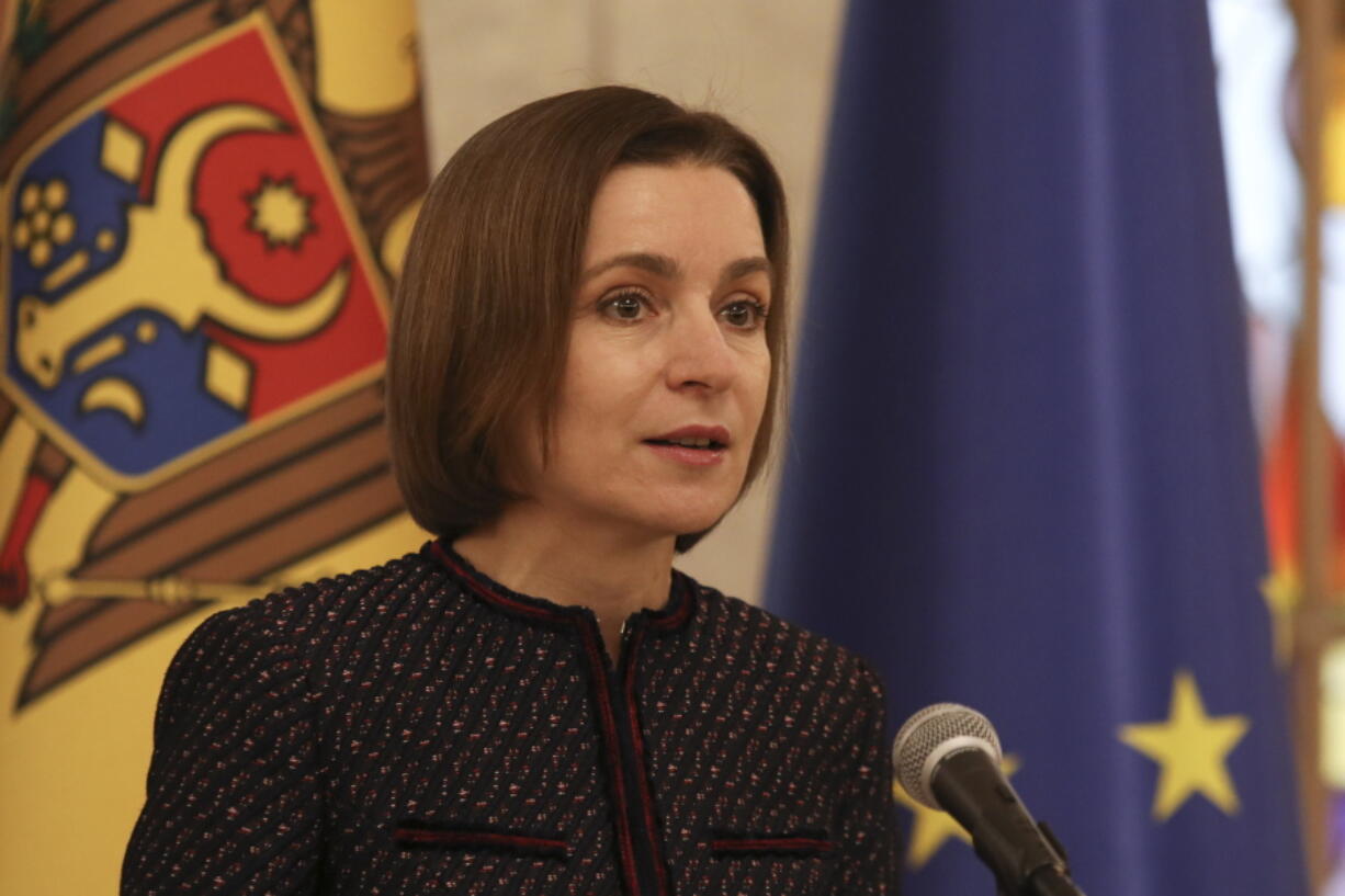 Moldovan President Maia Sandu announces she nominated as Prime Minister designate Dorin Recean to form a new government in Chisinau, Moldova, Friday, Feb 10, 2023.