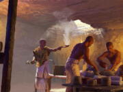 A priest during an embalming process in an underground chamber in Saqqara, Egypt.