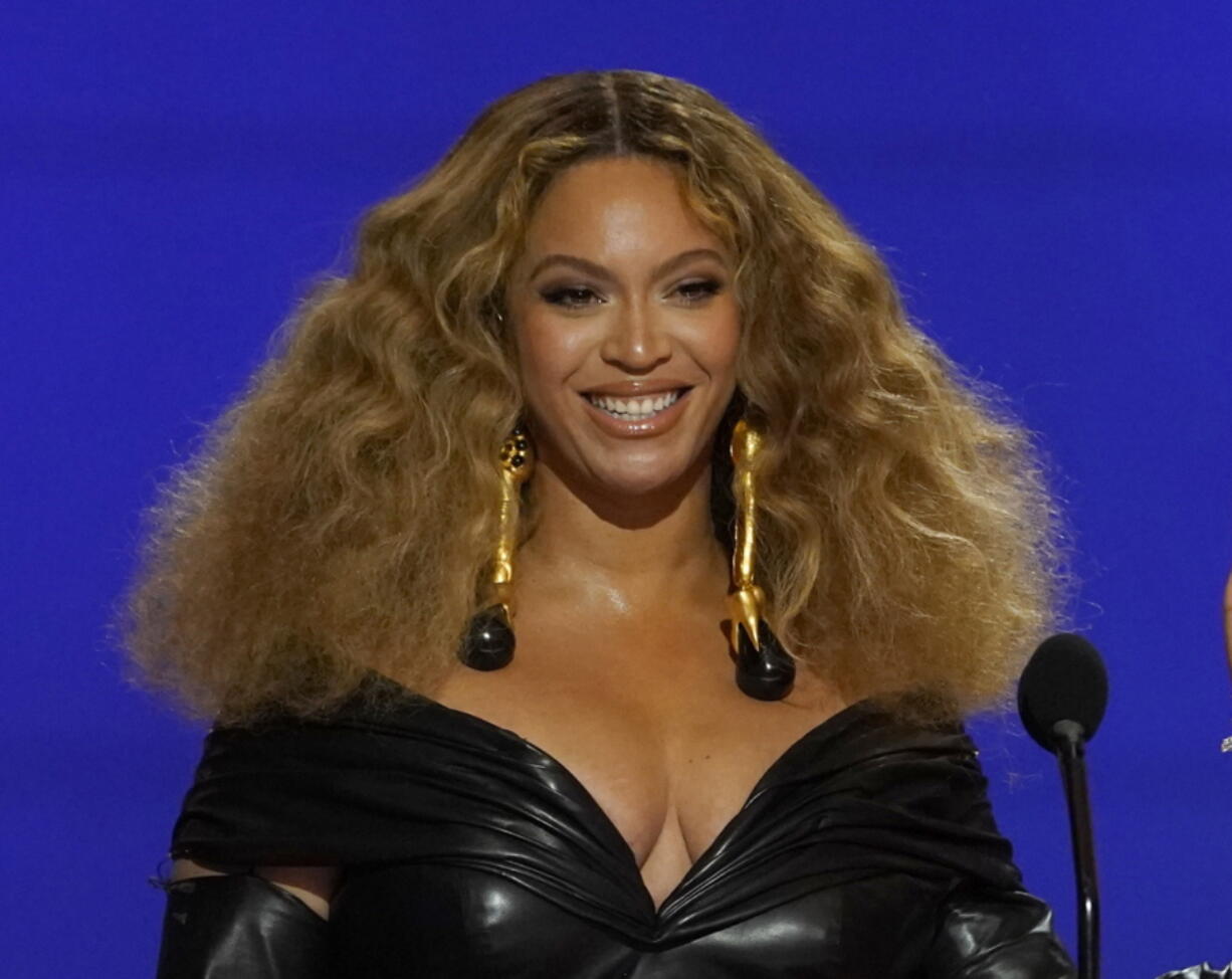 FILE - Beyonc? appears at the 63rd annual Grammy Awards in Los Angeles on March 14, 2021.