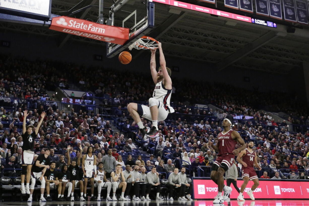 Gonzaga forward Drew Timme dunks during the second half of an NCAA college basketball game against Santa Clara, Thursday, Feb. 2, 2023, in Spokane, Wash. Gonzaga won 88-70.