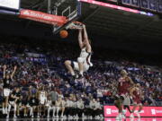 Gonzaga forward Drew Timme dunks during the second half of an NCAA college basketball game against Santa Clara, Thursday, Feb. 2, 2023, in Spokane, Wash. Gonzaga won 88-70.