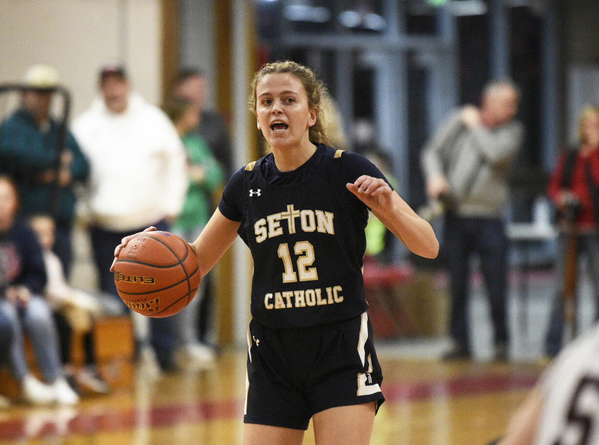 Anna Mooney of Seton Catholic yells out instructions to teammates during the Class 1A District 4 girls basketball championship game against Montesano at Castle Rock High School on Friday, Feb. 17, 2023.