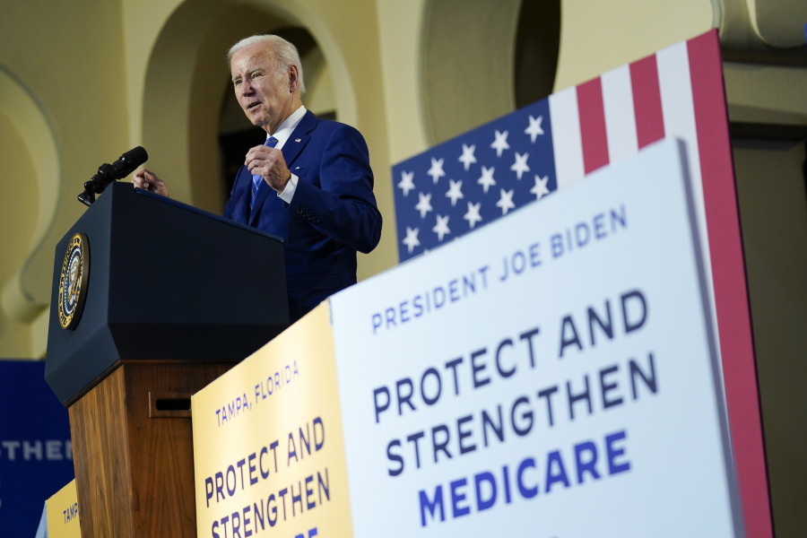 FILE - President Joe Biden speaks about his administration's plans to protect Social Security and Medicare and lower healthcare costs, Feb. 9, 2023, at the University of Tampa in Tampa, Fla. It seems like no one wants to cut Social Security or Medicare benefits, including Biden, who is already telling voters that his upcoming federal budget proposal will "defend and strengthen" the programs.