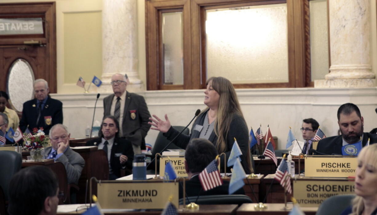 FILE - South Dakota state Sen. Julie Frye-Mueller speaks in a Senate session on  Jan. 26, 2023, in Pierre, S.D. The South Dakota Senate on Wednesday, Feb. 1, censured and reinstated the Republican senator who was suspended last week amid allegations she had harassed a legislative aide during an exchange about childhood vaccinations and breastfeeding.