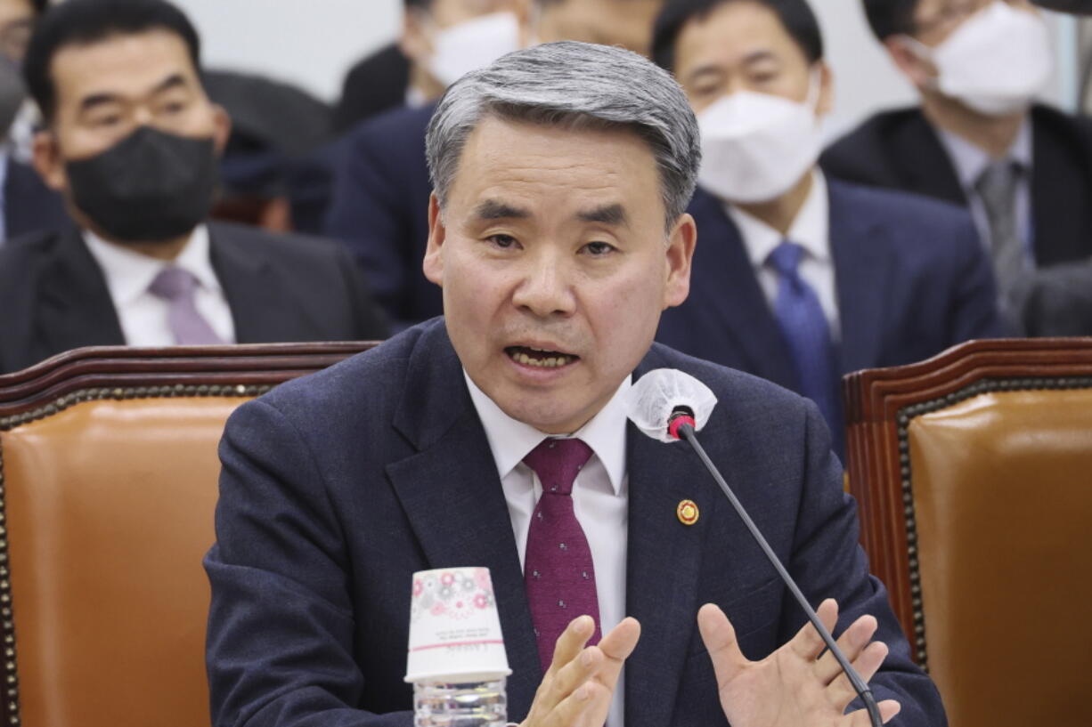 South Korean Defense Minister Lee Jong-Sup speaks during a plenary session of the National Assembly's defense committee in Seoul, South Korea, Friday, Feb. 17, 2023. South Korea's top military official on Friday insisted the country's soldiers didn't commit any massacres during the Vietnam War and indicated the government will appeal a ruling that ordered compensation for a Vietnamese woman who lost several relatives to a shooting rampage blamed on South Korean marines in 1968.