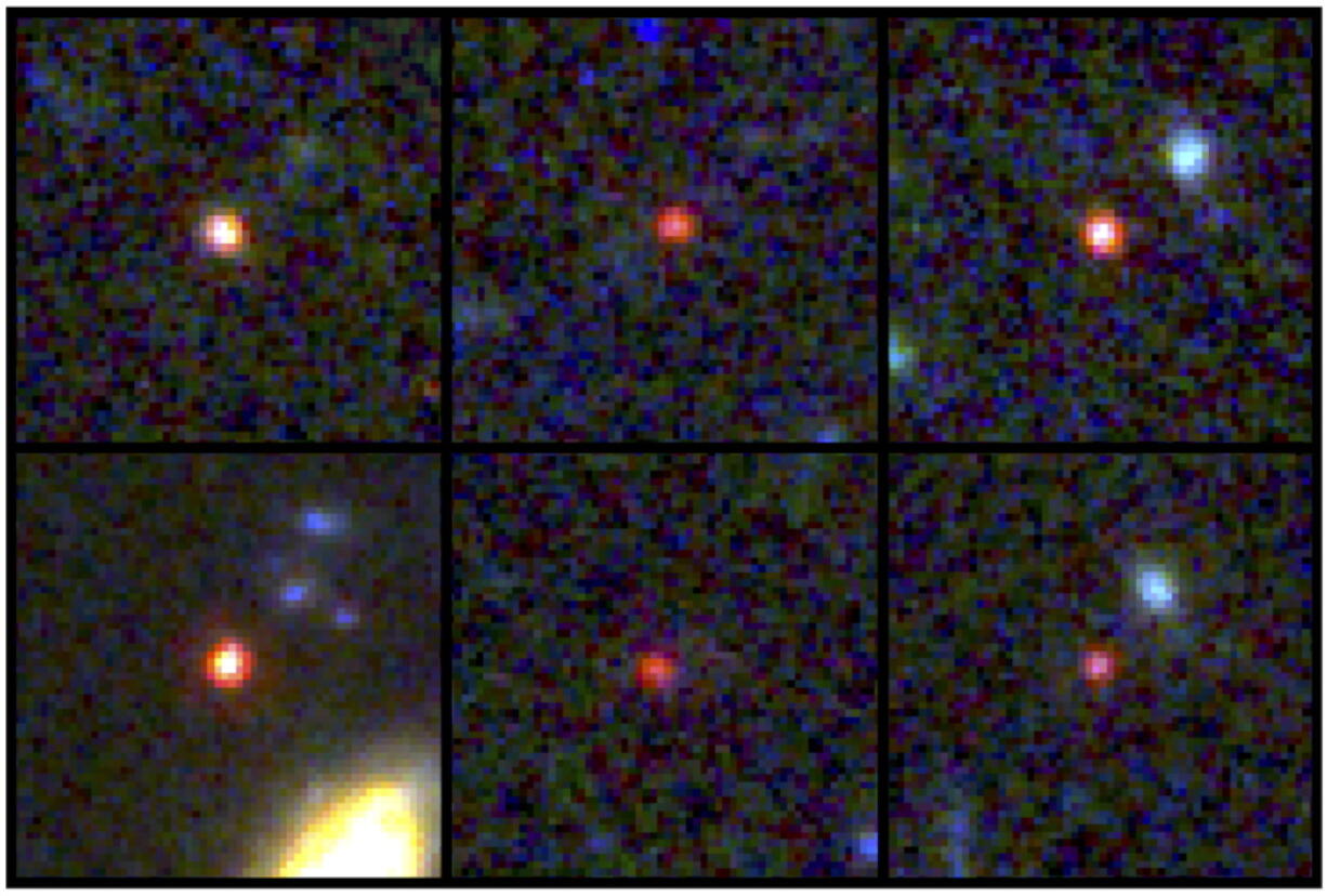 This image shows images of six candidate massive galaxies, seen 500 to 800 million years after the Big Bang. One of the sources (bottom left) could contain as many stars as our present-day Milky Way, but is 30 times more compact.