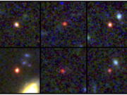 This image shows images of six candidate massive galaxies, seen 500 to 800 million years after the Big Bang. One of the sources (bottom left) could contain as many stars as our present-day Milky Way, but is 30 times more compact.