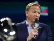 NFL Commissioner Roger Goodell speaks during a news conference ahead of the Super Bowl 57 NFL football game, Wednesday, Feb. 8, 2023, in Phoenix. The Kansas City Chiefs will play the Philadelphia Eagles on Sunday.