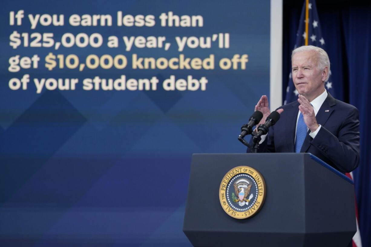 FILE - President Joe Biden speaks about the student debt relief portal beta test in the South Court Auditorium on the White House complex in Washington, Oct. 17, 2022. The Supreme Court is about to hear arguments over President Joe Biden's student debt relief plan. It's a plan that impacts millions of borrowers who could see their loans wiped away or reduced.