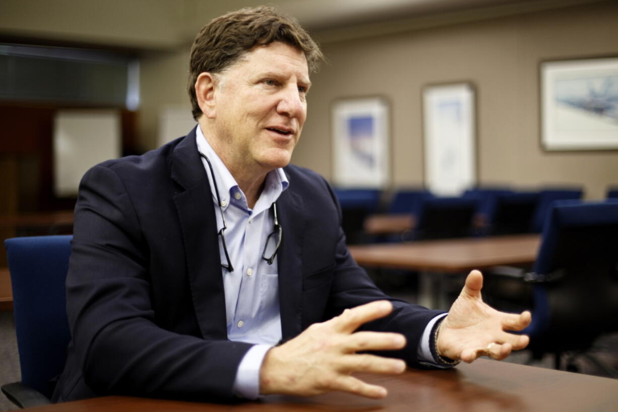 FILE - Tennessee Valley Authority President Jeffrey Lyash speaks with the Times Free Press from the TVA Chattanooga Office Complex, April 23, 2019, in Chattanooga, Tenn. Critics have long blasted the nation's largest public utility over its preference to replace coal-burning power plants with ones reliant on gas, another fossil fuel. The same advocates are now frustrated that the EPA will not stand in the way of the Tennessee Valley Authority's latest extensive project, which clashes with the Biden administration's directives to fight climate change, despite their laundry list of concerns. (C.B.