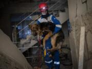 Mehmet Gurkan, a member of the Turkish animal rights group HAYTAP, rescues a dog Sunday that was trapped for seven days inside a house affected by the earthquake in Antakya, southeastern Turkey.