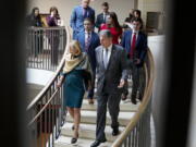 Sen. Lisa Murkowski, R-Alaska, left, and Sen. Joe Manchin, D-W.Va., head to a secure underground facility as lawmakers and intelligence advisers arrive for a closed briefing on the Chinese surveillance balloon that flew over the United States recently, at the Capitol in Washington, Thursday, Feb. 9, 2023. (AP Photo/J.