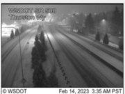 Valentine's Day snow briefly covers Highway 500 near Northeast Thurston Way in this WSDOT traffic cam screen grab downloaded by the National Weather Service in Portland.