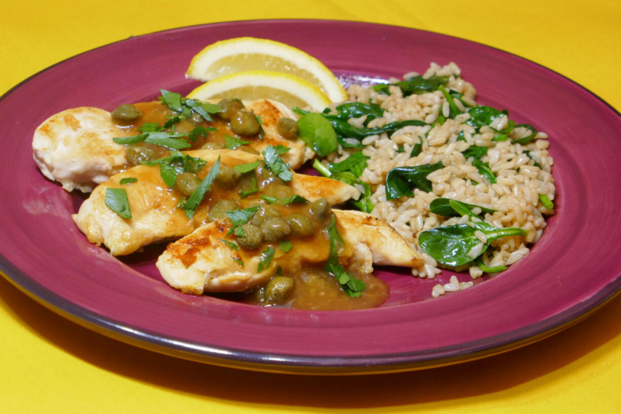 Lemony Chicken Tenders with Spinach Rice.