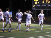 Columbia River’s Alex Harris (9) looks toward the Skyview student section after scoring a first-half goal against the Storm on Monday, March 20, 2023, at Kiggins Bowl in Vancouver.