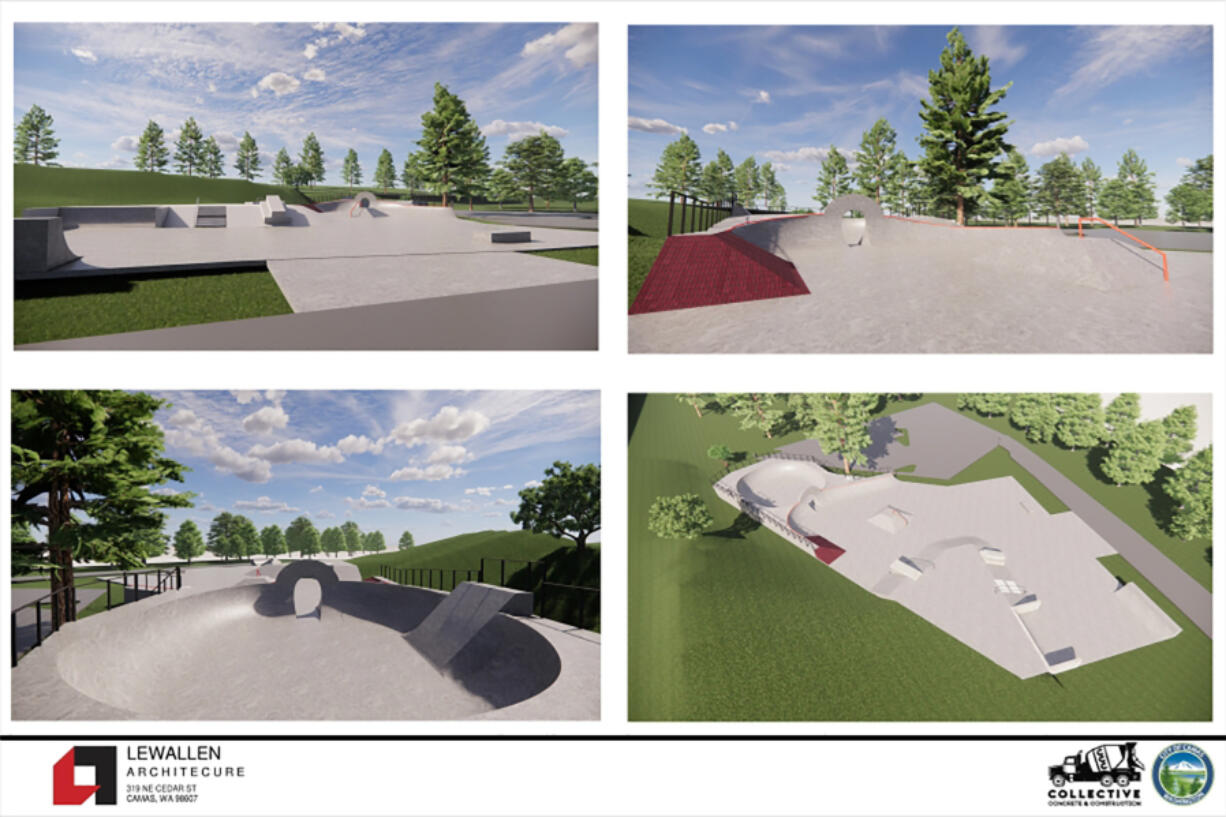 These images show the city of Camas' redesigned Riverside Bowl Skatepark, set to open this summer. The Port of Camas-Washougal wants to develop a small commercial hub at the site.