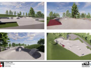 These images show the city of Camas' redesigned Riverside Bowl Skatepark, set to open this summer. The Port of Camas-Washougal wants to develop a small commercial hub at the site.