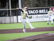 Hudson’s Bay shortstop Elias Estrada makes a throw to first during the Eagles’ 3-2 win over Ridgefield in a 2A Greater St. Helens League baseball game in Ridgefield on Monday, March 27, 2023.