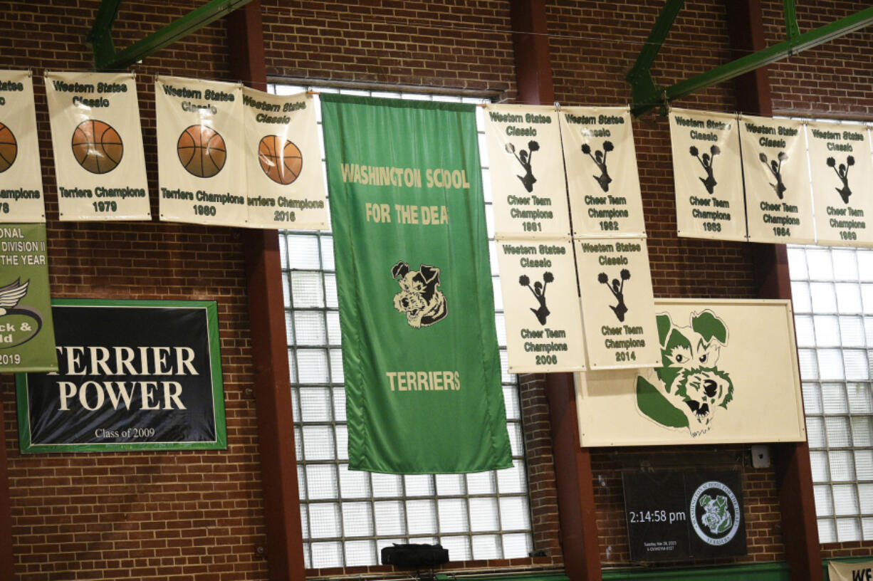 Banners hang in the gymnasium at the Washington School for the Deaf on Tuesday, March 28, 2023.