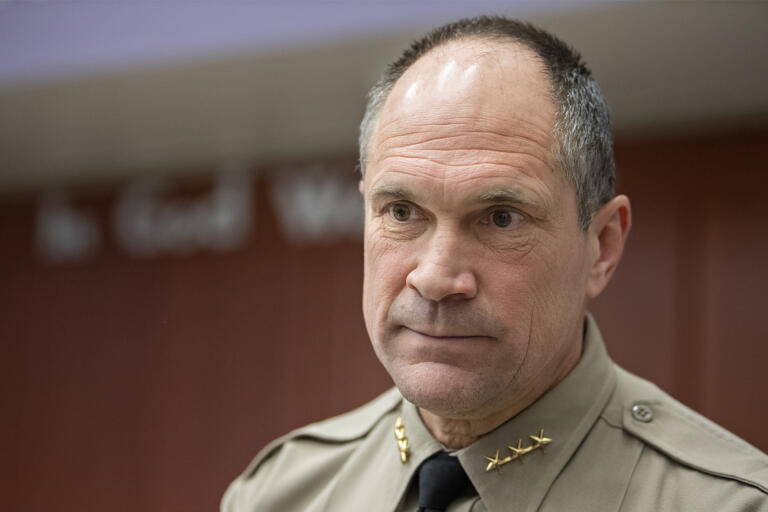 Clark County Sheriff John Horch talks with the media after taking the oath of office at the Clark County Public Service Center on Thursday morning, Dec. 22, 2022.