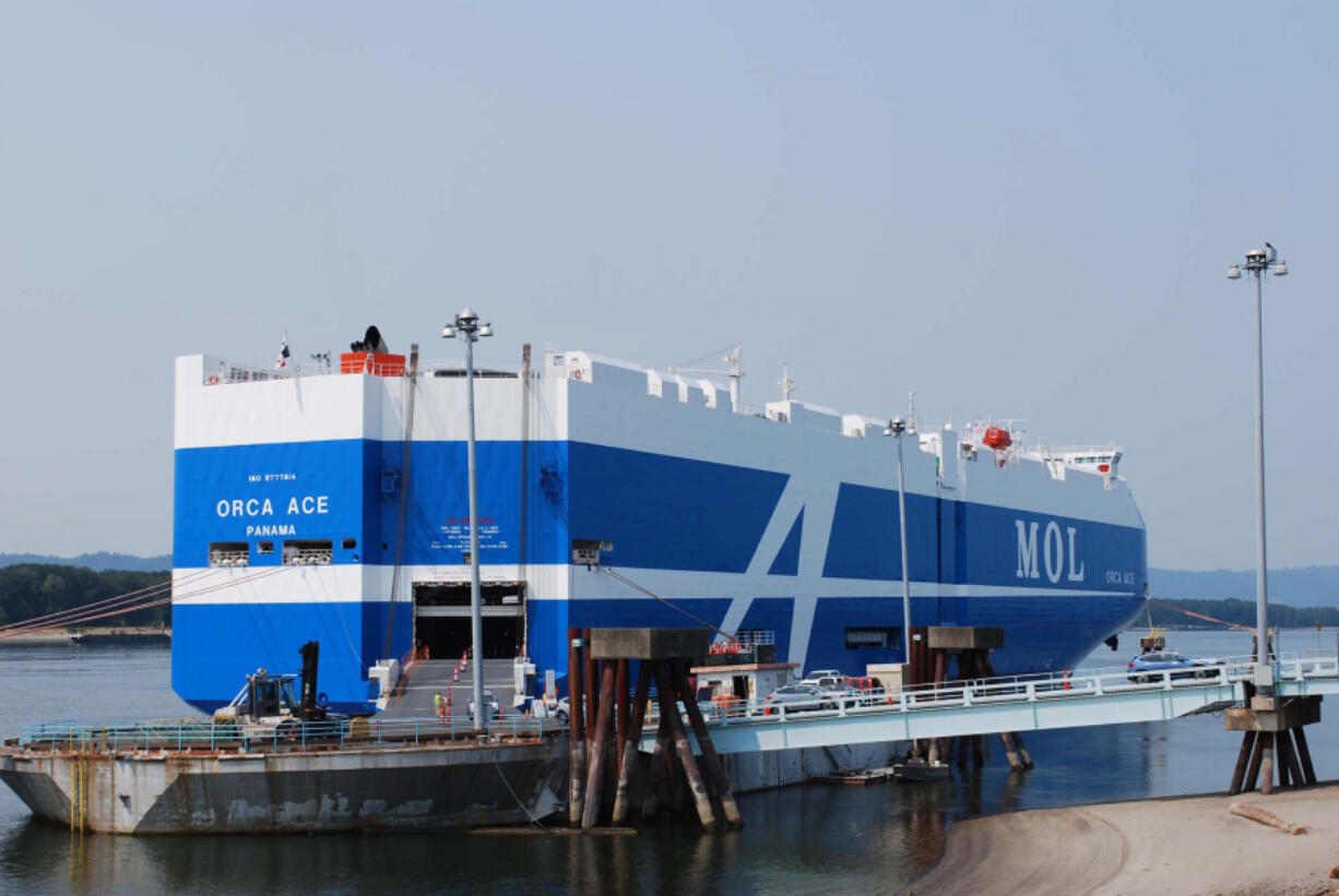 The Orca Ace, a "next-generation" car carrier, drops off 2,300 Subaru vehicles at the Port of Vancouver before the massive ship departs for San Diego.