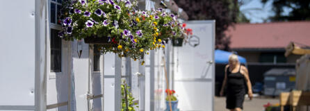 Colorful summer flower baskets hang from the pallet units at Safe Stay Community.