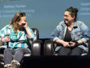 Outpost Safe Stay resident Courtney Ligman, left, chokes up thinking about the help she has received from City of Vancouver homelessness response coordinator Jamie Spinelli, right, and others on Wednesday, March 1, 2023, during The Columbian Conversations event at Kiggins Theatre.