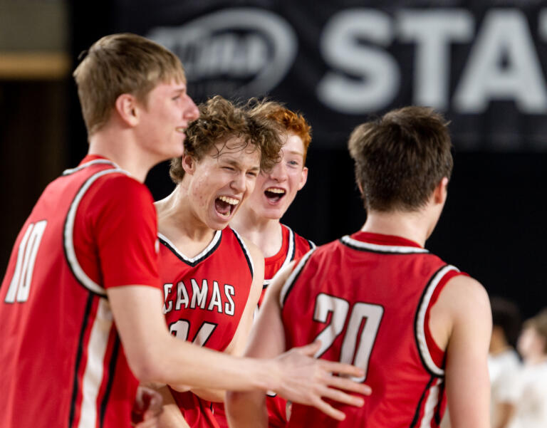 Camas senior forward Josh Dabasinskas celebrates with teammates after victory in a Class 4A State boys basketball game on Wednesday, March 1, 2023, at the Tacoma Dome.