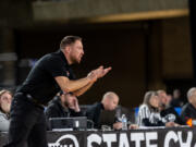 Union coach Blake Conley shouts to his players during a Class 4A State boys basketball game on Wednesday, March 1, 2023, at the Tacoma Dome.